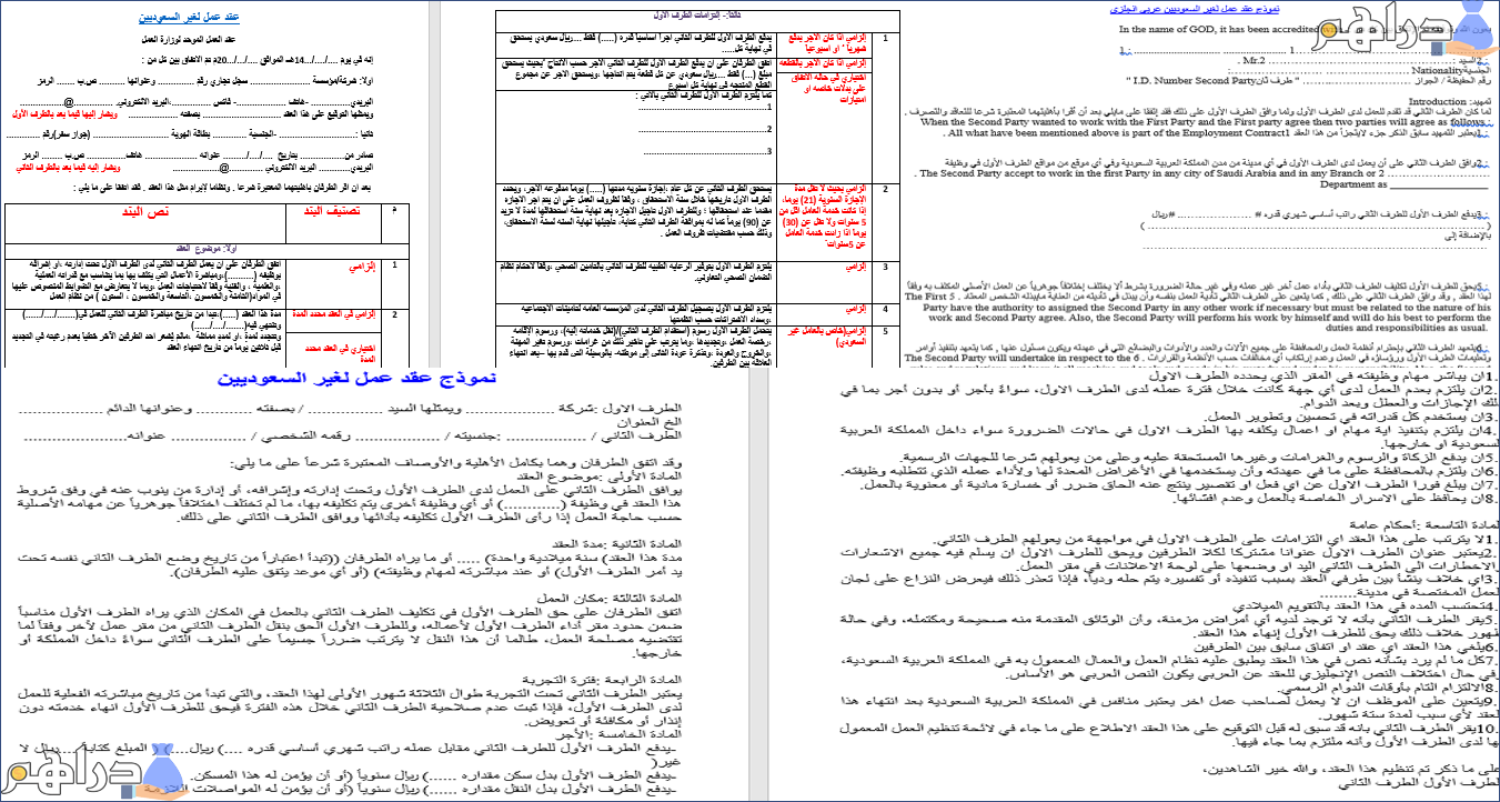 نماذج عقود عمل لغير السعوديين الاجانب والوافدين